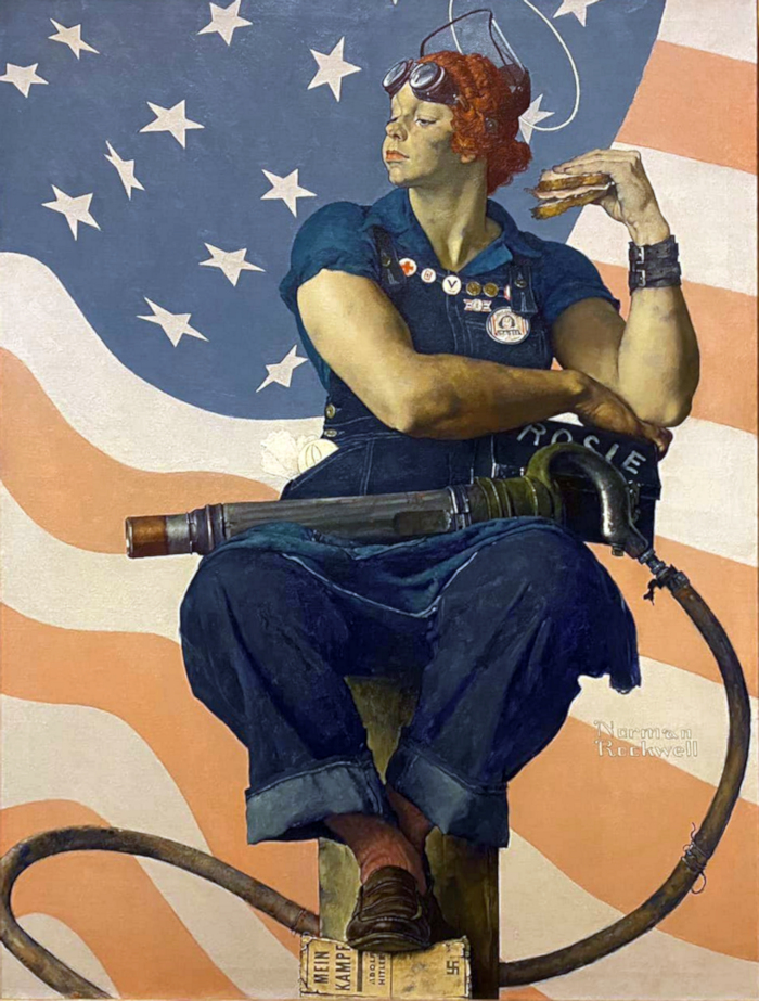 Rosie the Riveter, Norman Rockwell's iconic image of an American woman employed in the production of military hardware, is a powerful reminder of women's critical contribution to World War II. Pictured at rest during her lunch break, Rosie's powerful physique projects confidence as she spans the canvas in front of the American flag. This image appeared as a cover of the Saturday Evening Post in 1943. It became a beacon of patriotism as marked by the patriotic badges across the bib of Rosie's overalls and the tattered copy of Mein Kampf that lies crushed under her foot.