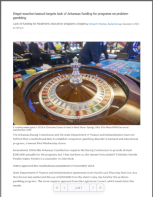 Illegal-exaction lawsuit targets lack of Arkansas funding for programs on problem gambling. Lack of funding for treatment, education programs alleged